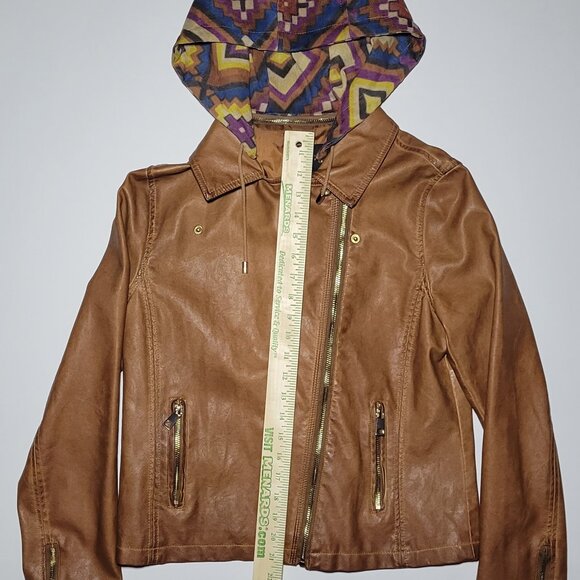 Blu Pepper Womens Brown Faux Leather Biker Jacket with Removable Hood Size Large - Picture 15 of 16